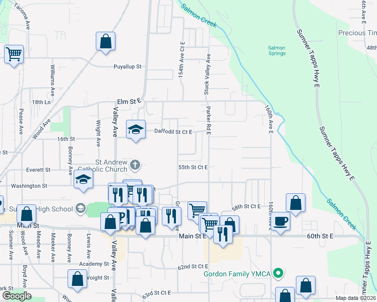 map of restaurants, bars, coffee shops, grocery stores, and more near 15413 54th Street Court East in Sumner