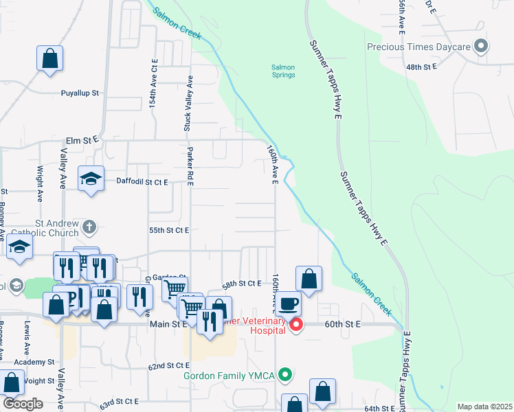 map of restaurants, bars, coffee shops, grocery stores, and more near 15922 54th Street Court East in Sumner