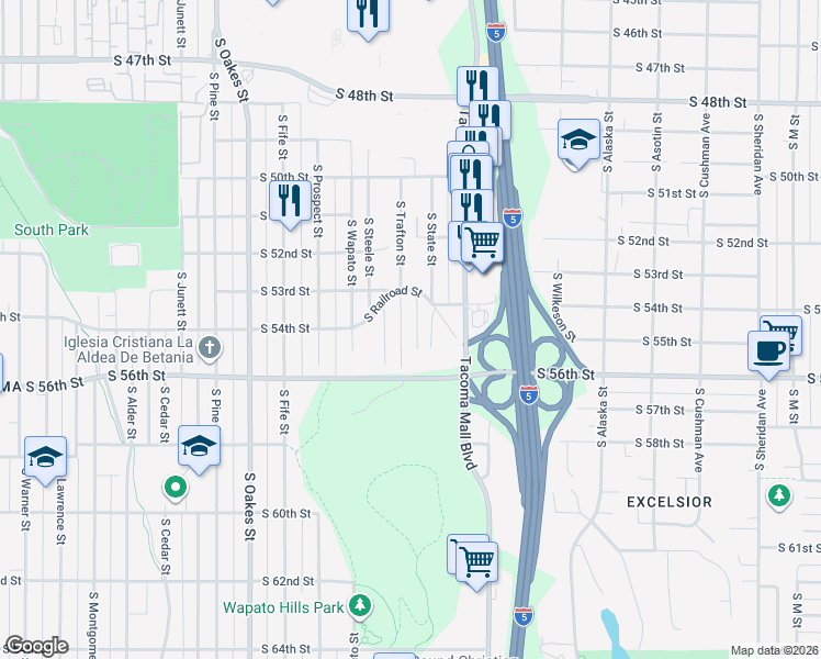 map of restaurants, bars, coffee shops, grocery stores, and more near 5319 South Trafton Street in Tacoma