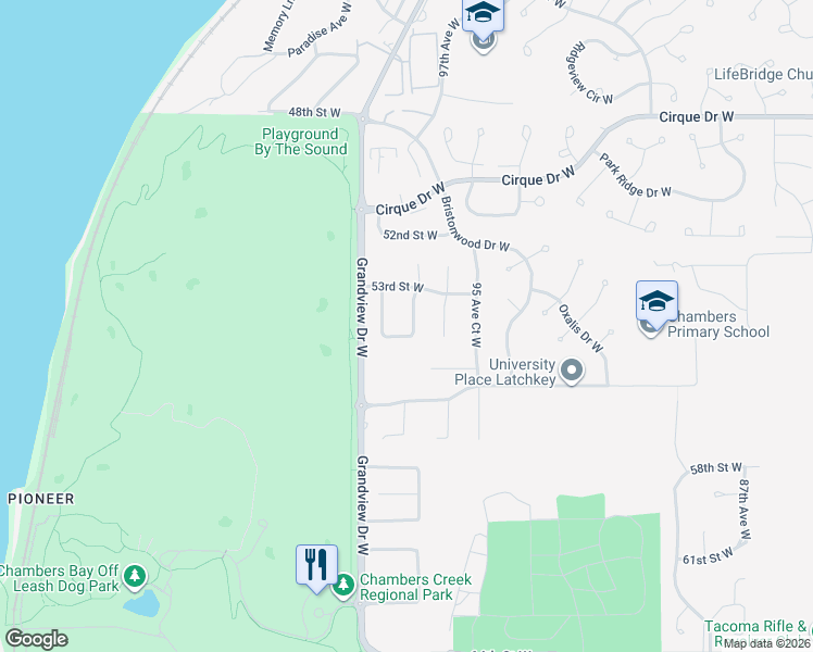 map of restaurants, bars, coffee shops, grocery stores, and more near 5323 97th Avenue Court West in Tacoma
