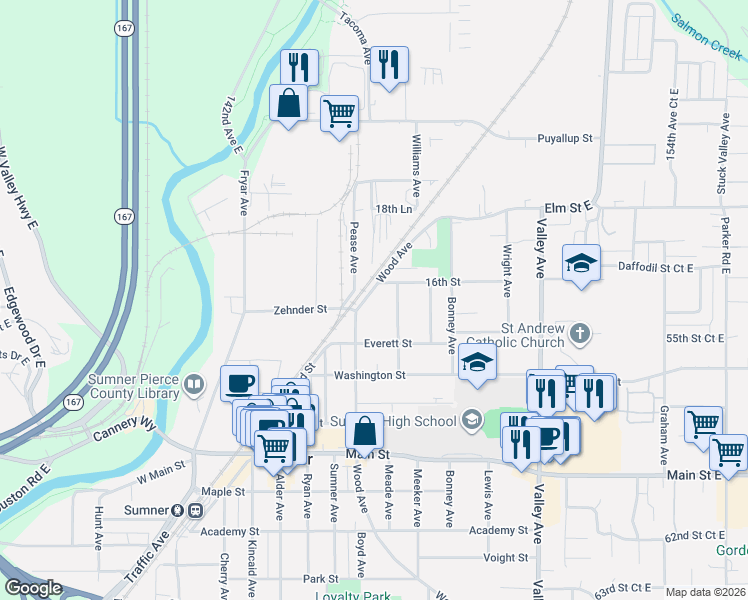 map of restaurants, bars, coffee shops, grocery stores, and more near 1529 Wood Avenue in Sumner