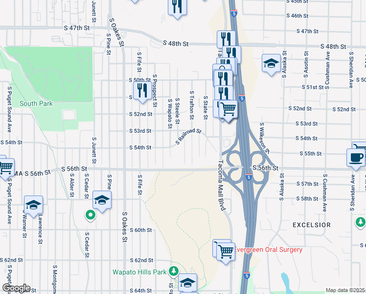 map of restaurants, bars, coffee shops, grocery stores, and more near 5402 South Steele Street in Tacoma
