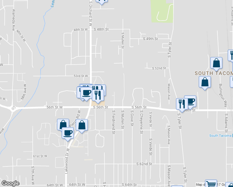 map of restaurants, bars, coffee shops, grocery stores, and more near 4819 South 56th Street in Tacoma