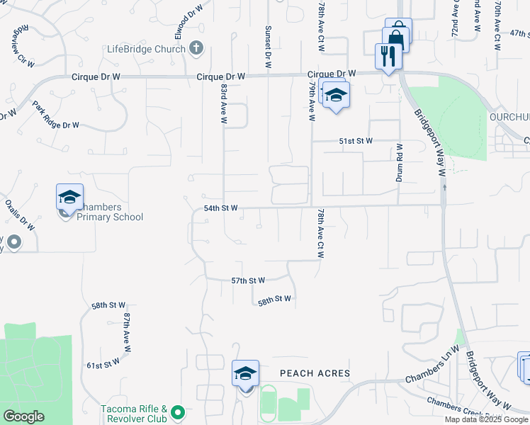 map of restaurants, bars, coffee shops, grocery stores, and more near 5401 81st Avenue Court West in Tacoma