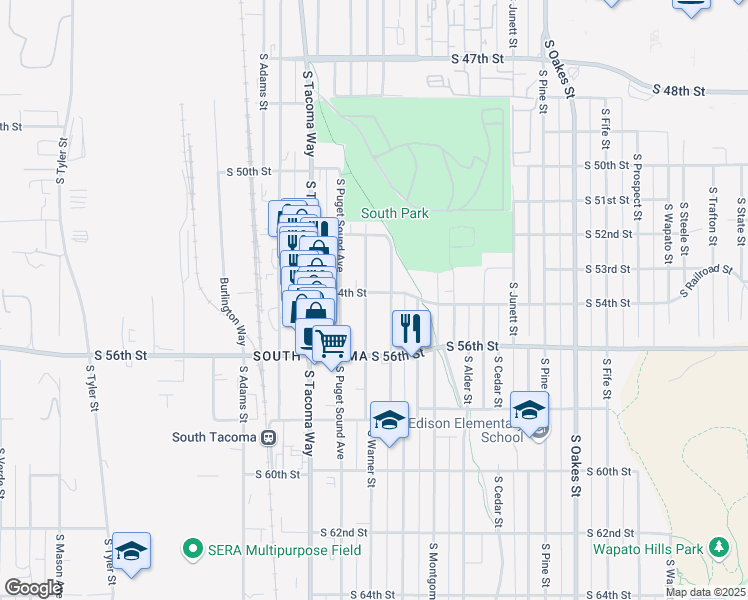 map of restaurants, bars, coffee shops, grocery stores, and more near 3362 South 54th Street in Tacoma