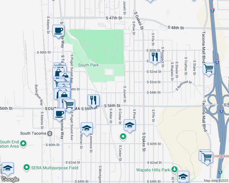 map of restaurants, bars, coffee shops, grocery stores, and more near 3103 South 54th Street in Tacoma