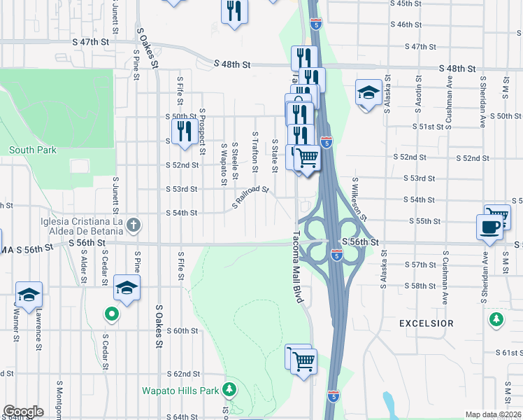 map of restaurants, bars, coffee shops, grocery stores, and more near 5319 South Trafton Street in Tacoma