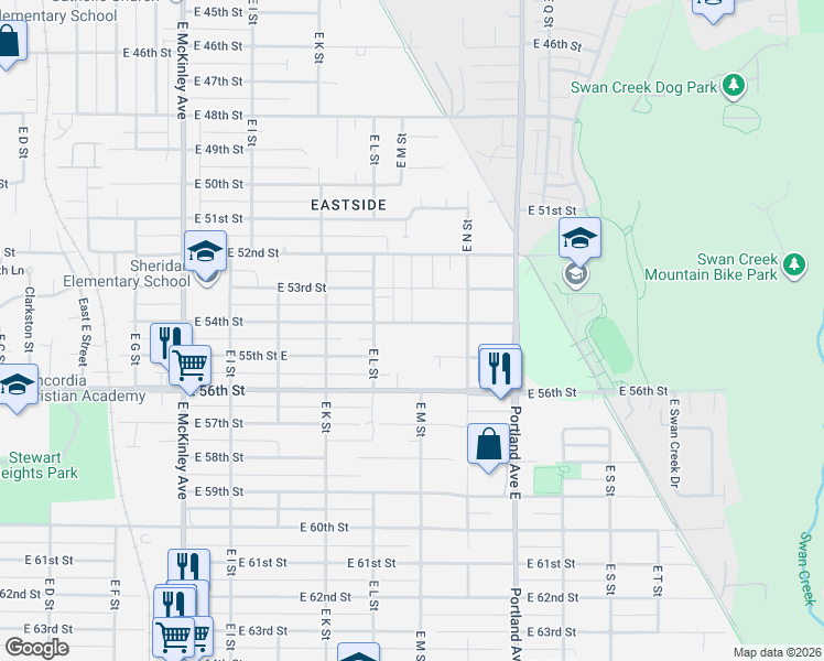 map of restaurants, bars, coffee shops, grocery stores, and more near 1230 East 54th Street in Tacoma