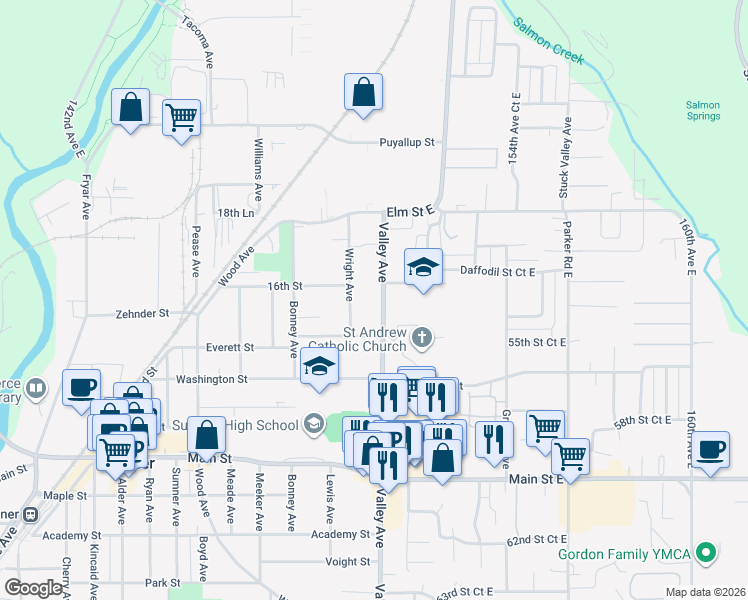 map of restaurants, bars, coffee shops, grocery stores, and more near 1508 Valley Avenue in Sumner