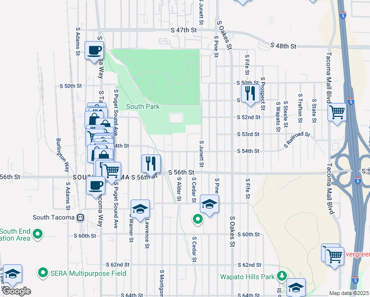 map of restaurants, bars, coffee shops, grocery stores, and more near 3103 South 54th Street in Tacoma