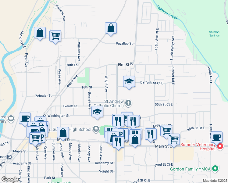 map of restaurants, bars, coffee shops, grocery stores, and more near 1511 Wright Avenue in Sumner