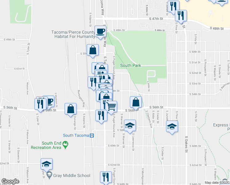 map of restaurants, bars, coffee shops, grocery stores, and more near 5401 South Puget Sound Avenue in Tacoma