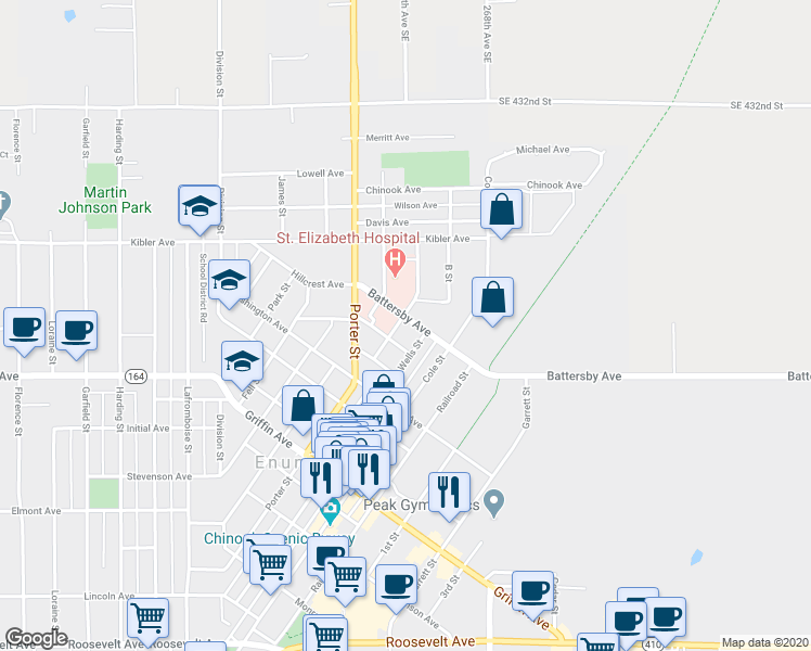 map of restaurants, bars, coffee shops, grocery stores, and more near 1338 Battersby Avenue in Enumclaw