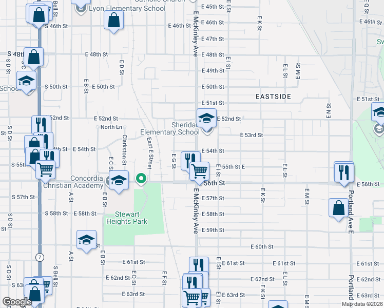 map of restaurants, bars, coffee shops, grocery stores, and more near 726 East 54th Street in Tacoma