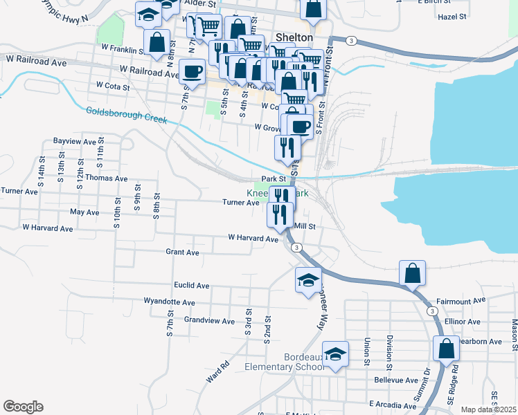 map of restaurants, bars, coffee shops, grocery stores, and more near 215 Turner Avenue in Shelton