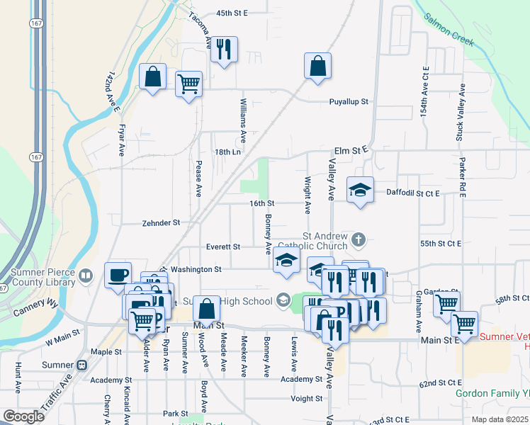 map of restaurants, bars, coffee shops, grocery stores, and more near 1512 Bonney Avenue in Sumner