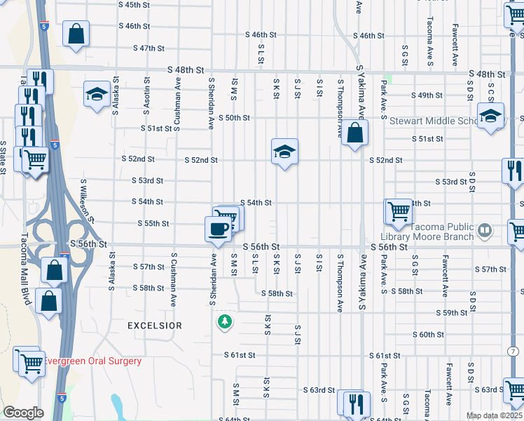 map of restaurants, bars, coffee shops, grocery stores, and more near 5407 South L Street in Tacoma
