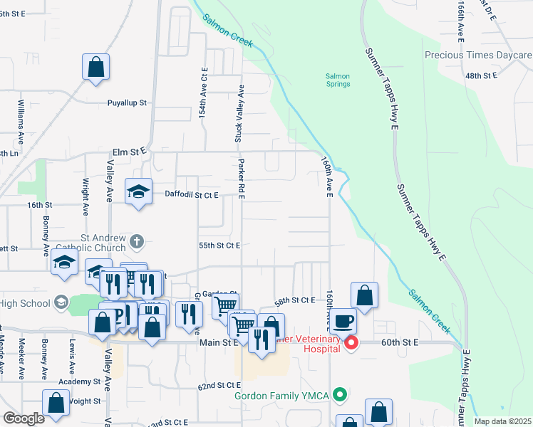 map of restaurants, bars, coffee shops, grocery stores, and more near 15703 54th Street Court East in Sumner