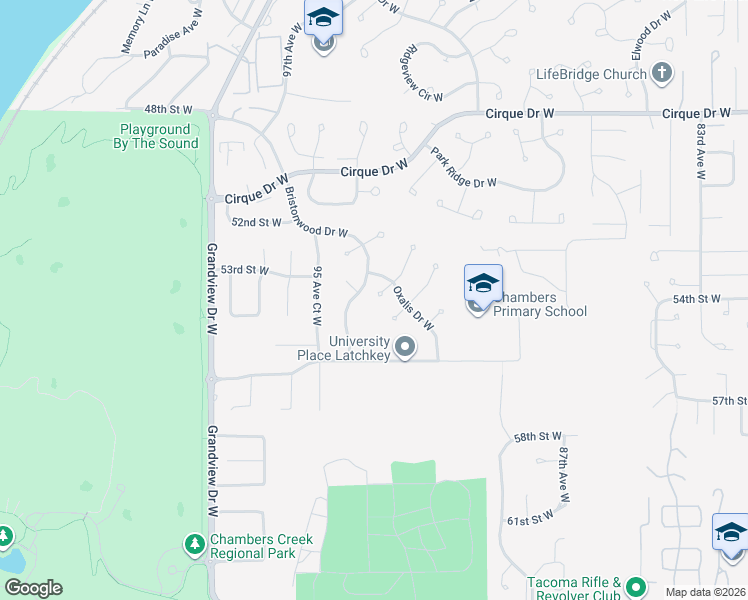 map of restaurants, bars, coffee shops, grocery stores, and more near 9315 Snowberry Circle West in University Place