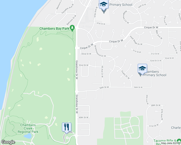 map of restaurants, bars, coffee shops, grocery stores, and more near 5323 97th Avenue Court West in Tacoma