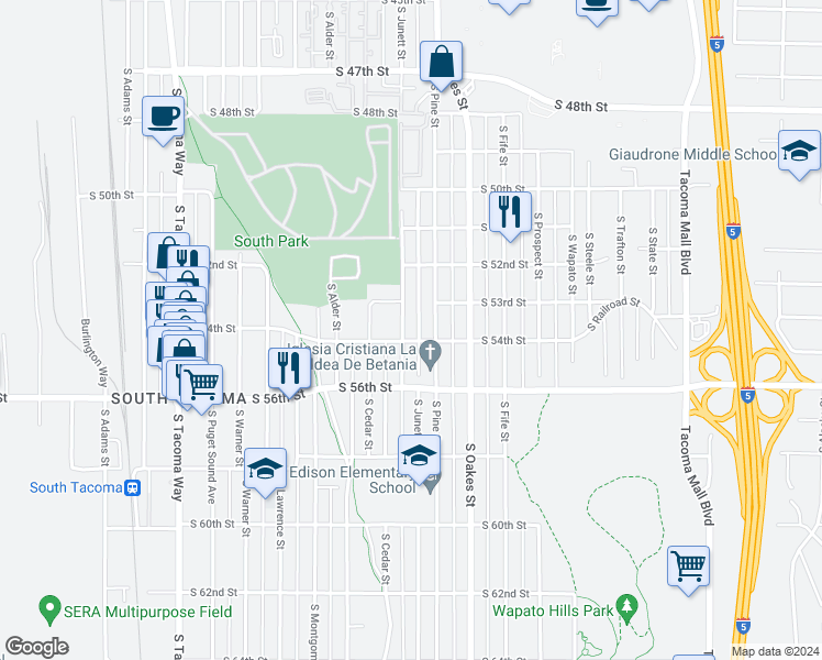 map of restaurants, bars, coffee shops, grocery stores, and more near 5319 South Junett Street in Tacoma