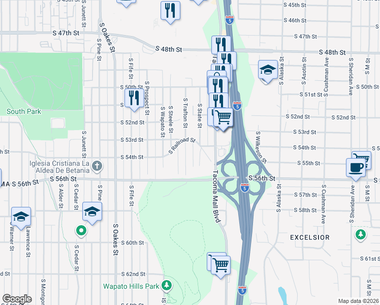 map of restaurants, bars, coffee shops, grocery stores, and more near 5319 South Trafton Street in Tacoma