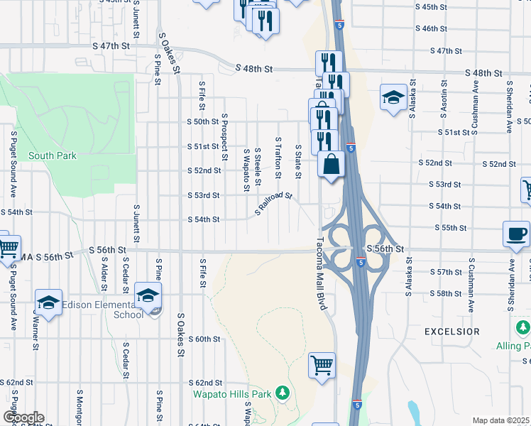 map of restaurants, bars, coffee shops, grocery stores, and more near 5402 South Steele Street in Tacoma