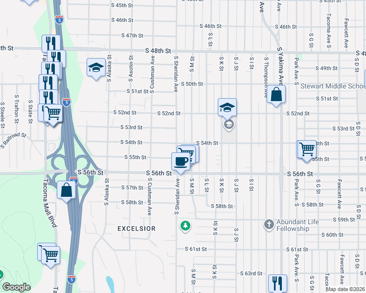 map of restaurants, bars, coffee shops, grocery stores, and more near 5406 South Sheridan Avenue in Tacoma