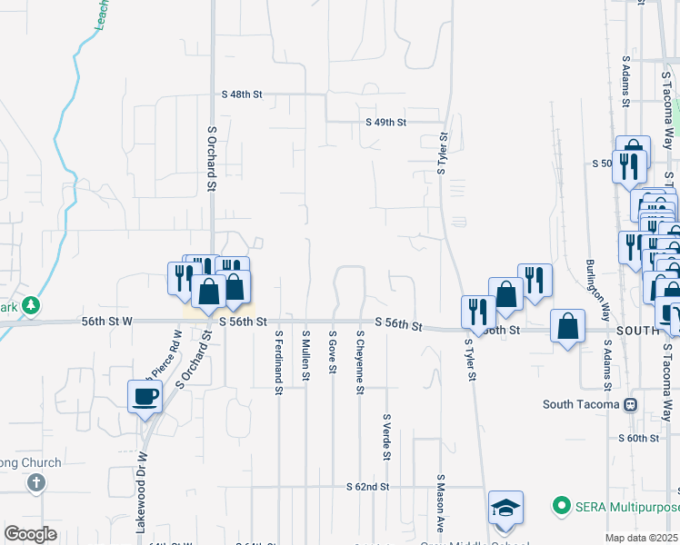 map of restaurants, bars, coffee shops, grocery stores, and more near 5528 Cheyenne Loop Road South in Tacoma