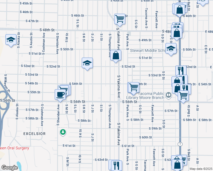 map of restaurants, bars, coffee shops, grocery stores, and more near 860 South 54th Street in Tacoma