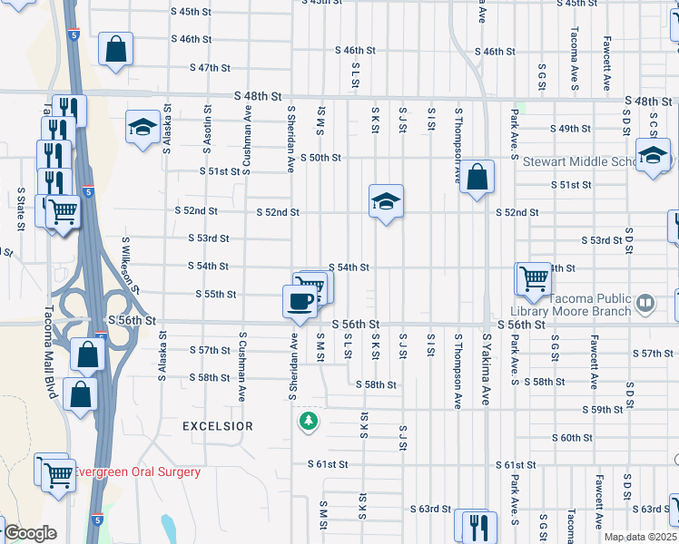 map of restaurants, bars, coffee shops, grocery stores, and more near 5407 South L Street in Tacoma