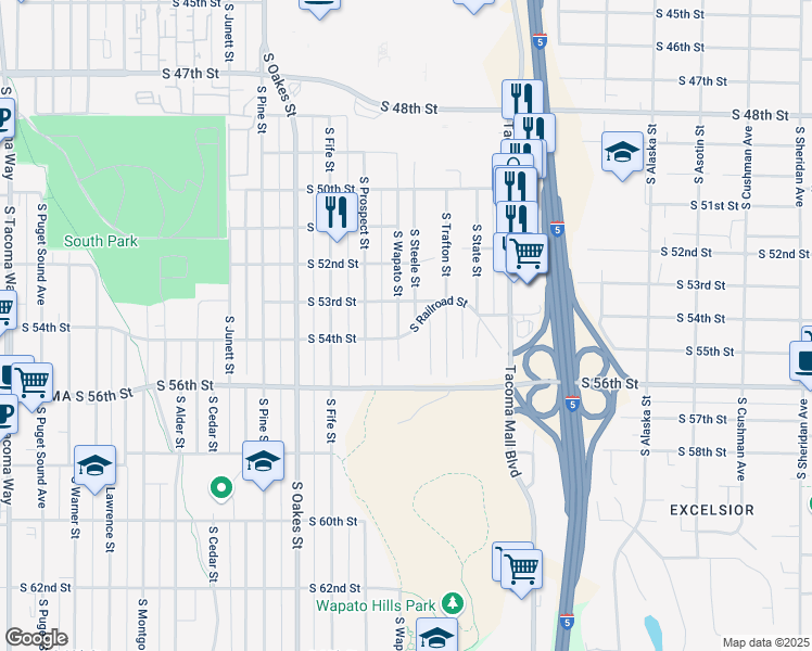 map of restaurants, bars, coffee shops, grocery stores, and more near 5402 South Steele Street in Tacoma