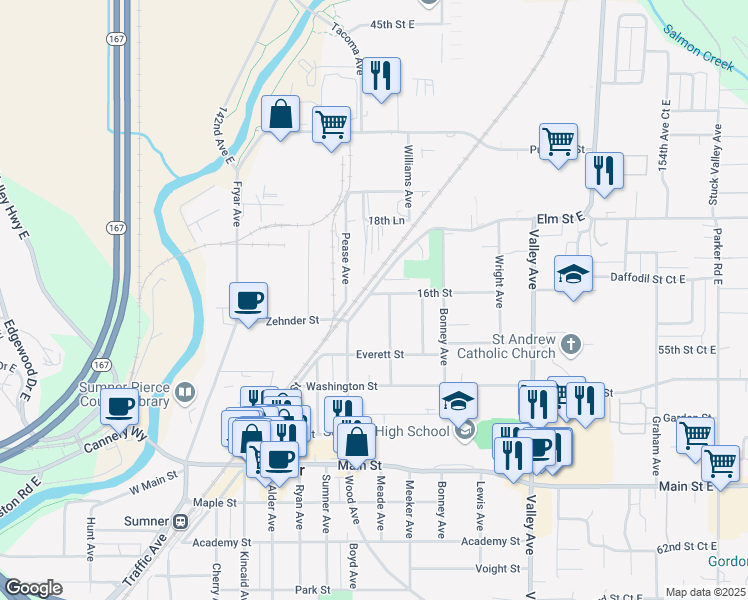 map of restaurants, bars, coffee shops, grocery stores, and more near 1529 Wood Avenue in Sumner