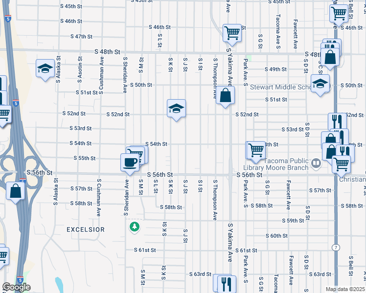 map of restaurants, bars, coffee shops, grocery stores, and more near 5402 South J Street in Tacoma