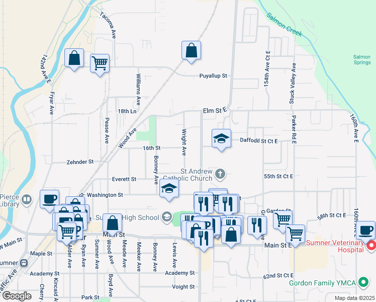 map of restaurants, bars, coffee shops, grocery stores, and more near 1511 Wright Avenue in Sumner