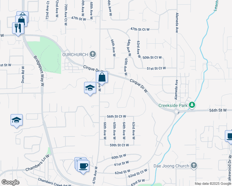 map of restaurants, bars, coffee shops, grocery stores, and more near 5409 66th Avenue West in Tacoma