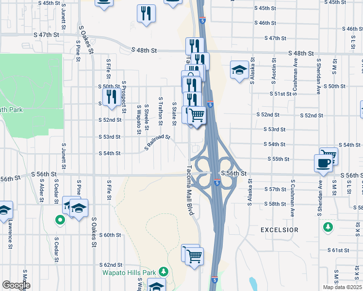 map of restaurants, bars, coffee shops, grocery stores, and more near 2103 South Railroad Street in Tacoma