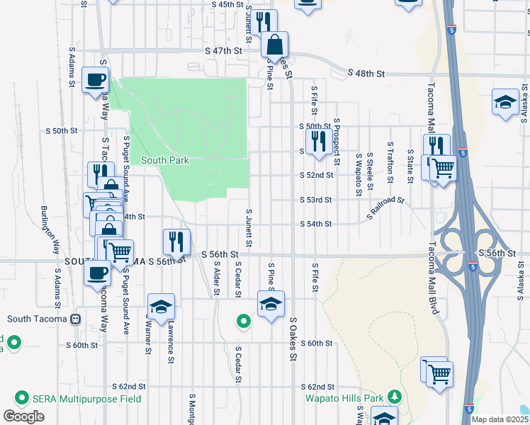 map of restaurants, bars, coffee shops, grocery stores, and more near 2717 South 54th Street in Tacoma