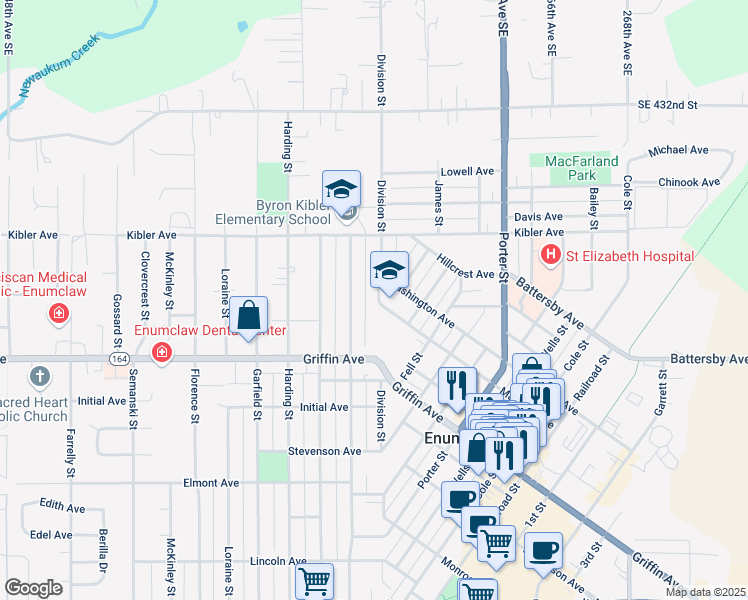 map of restaurants, bars, coffee shops, grocery stores, and more near 2057 Kibler Avenue in Enumclaw
