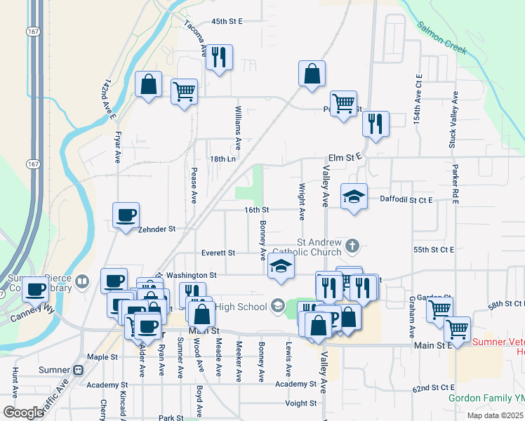 map of restaurants, bars, coffee shops, grocery stores, and more near 1512 Bonney Avenue in Sumner