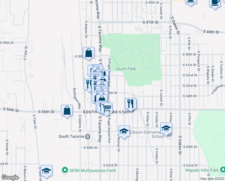 map of restaurants, bars, coffee shops, grocery stores, and more near 5401 South Puget Sound Avenue in Tacoma