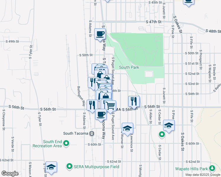 map of restaurants, bars, coffee shops, grocery stores, and more near 5401 South Puget Sound Avenue in Tacoma