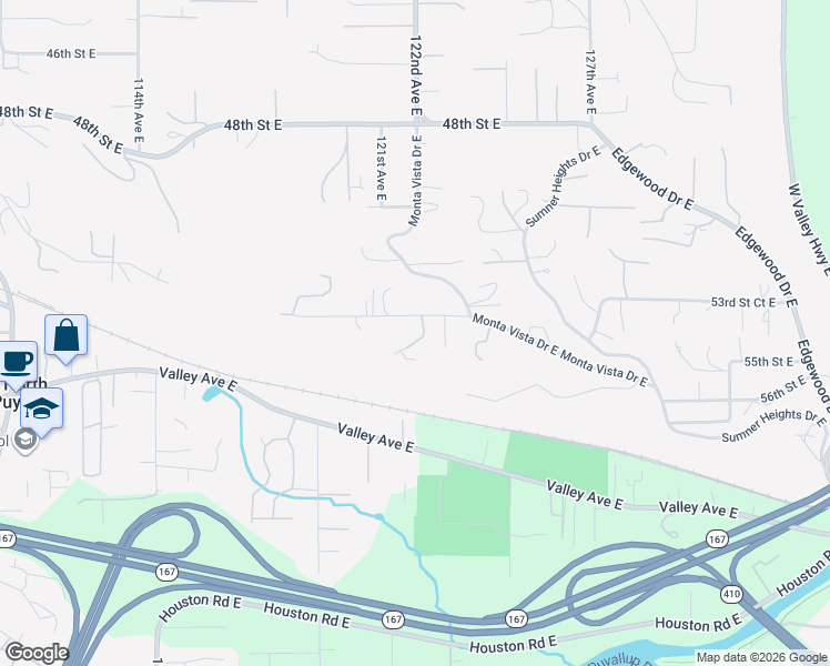 map of restaurants, bars, coffee shops, grocery stores, and more near 5406 122nd Avenue East in Edgewood