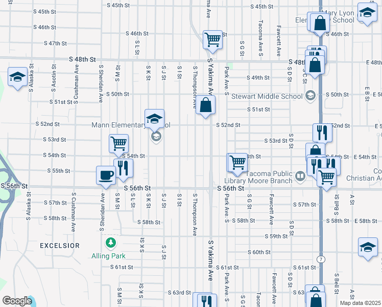 map of restaurants, bars, coffee shops, grocery stores, and more near 860 South 54th Street in Tacoma