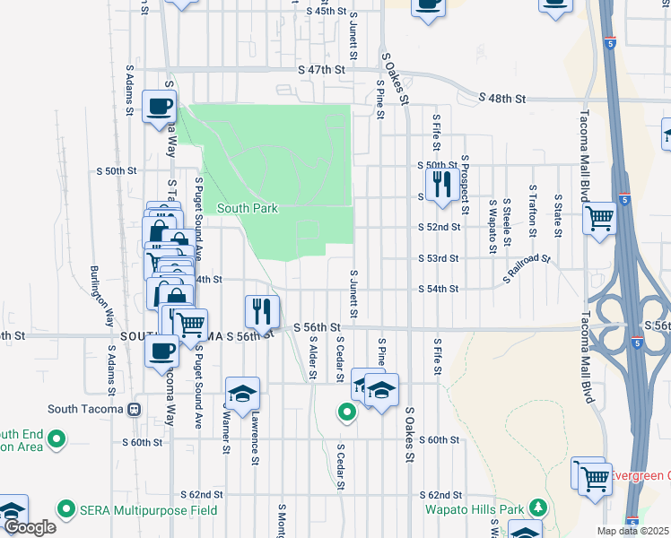 map of restaurants, bars, coffee shops, grocery stores, and more near 3103 South 54th Street in Tacoma