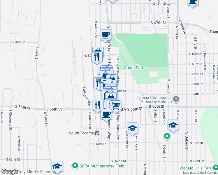map of restaurants, bars, coffee shops, grocery stores, and more near 5402 South Tacoma Way in Tacoma