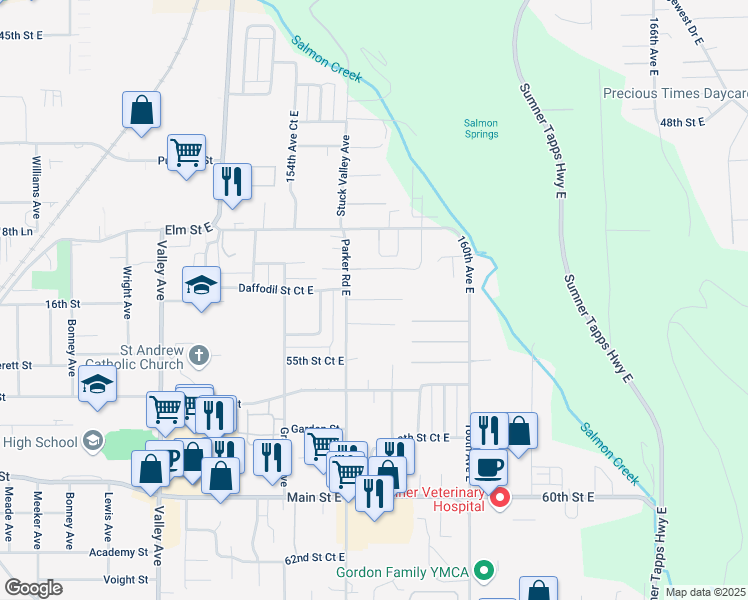 map of restaurants, bars, coffee shops, grocery stores, and more near 15703 54th Street Court East in Sumner