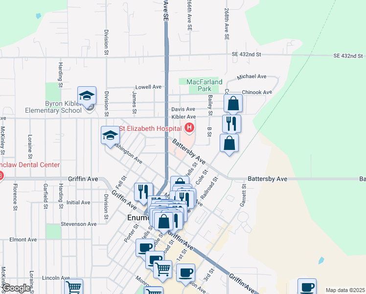 map of restaurants, bars, coffee shops, grocery stores, and more near 1455 Battersby Avenue in Enumclaw