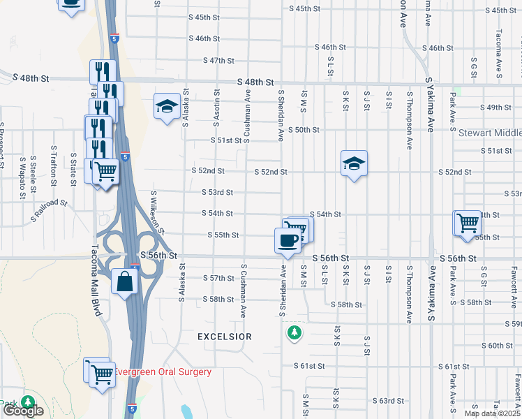 map of restaurants, bars, coffee shops, grocery stores, and more near 1423 South 54th Street in Tacoma