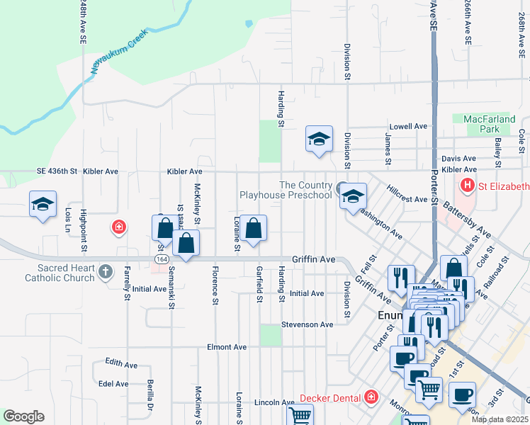 map of restaurants, bars, coffee shops, grocery stores, and more near 1816 Harding Street in Enumclaw